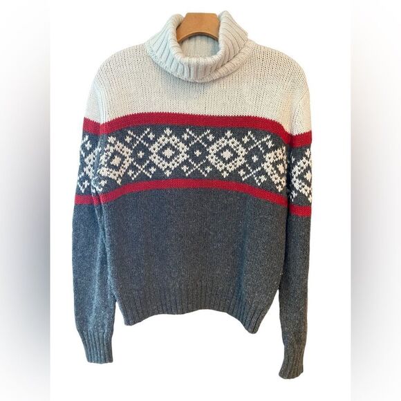 Hunt Club M Beige Gray Fair Isle Skiing Resort Winter Turtleneck Wool Sweater - Picture 1 of 6